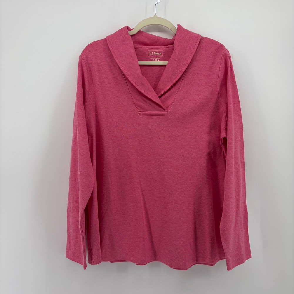 LL Bean Womens 1X Pink Shawl Collar Long Sleeve Cotton Pullover Top